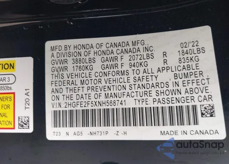 2022 Honda Civic Sport from USA, damaged, VIN 2HGFE2F5XNH568741